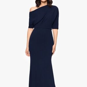 Betsy Adam "Madeline" Long Scuba Crepe Off the Shoulder Dress Size 10 in Navy